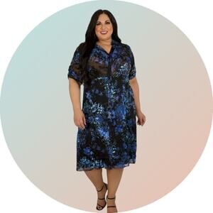 Maree Pour Toi Women’s Blue Floral Burnout Silk Shirt Dress Plus 20 2X NEW NWOT